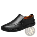 Black leather slip-on men’s loafers with zipper closure and visible stitching for business casual wear
