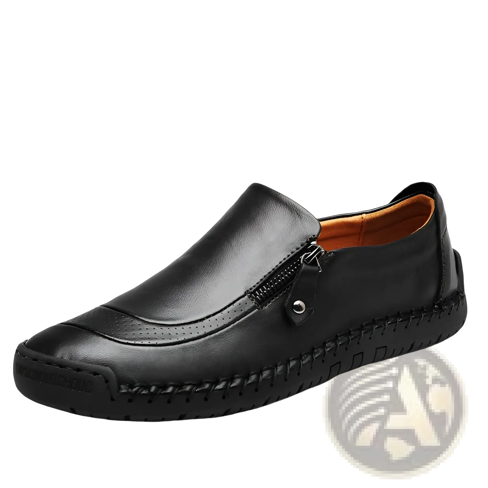 Black leather slip-on men’s loafers with zipper closure and visible stitching for business casual wear