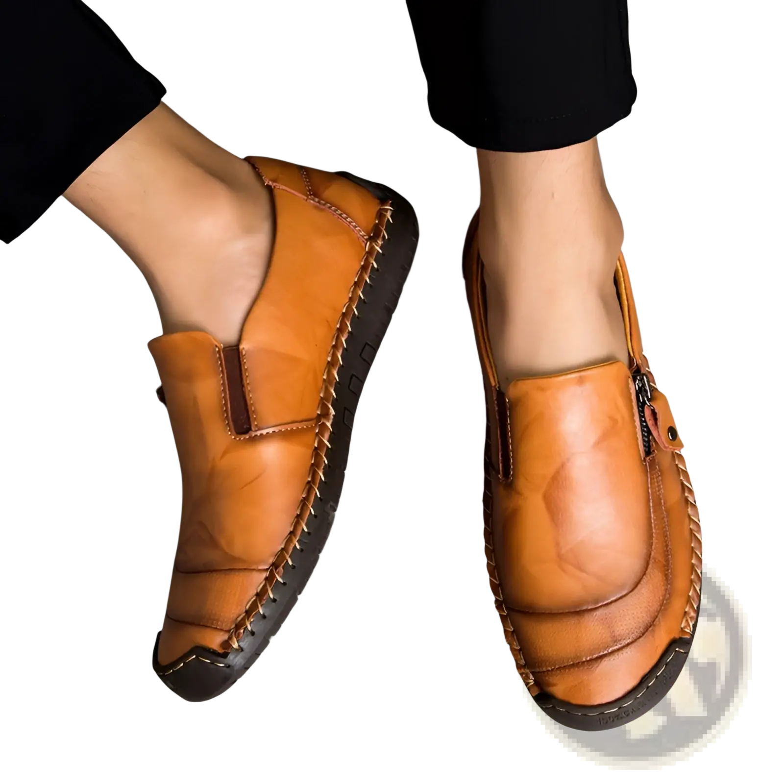 Men’s leather loafers with tan slip-on design, visible stitching, and dark brown rubber sole for business casual wear