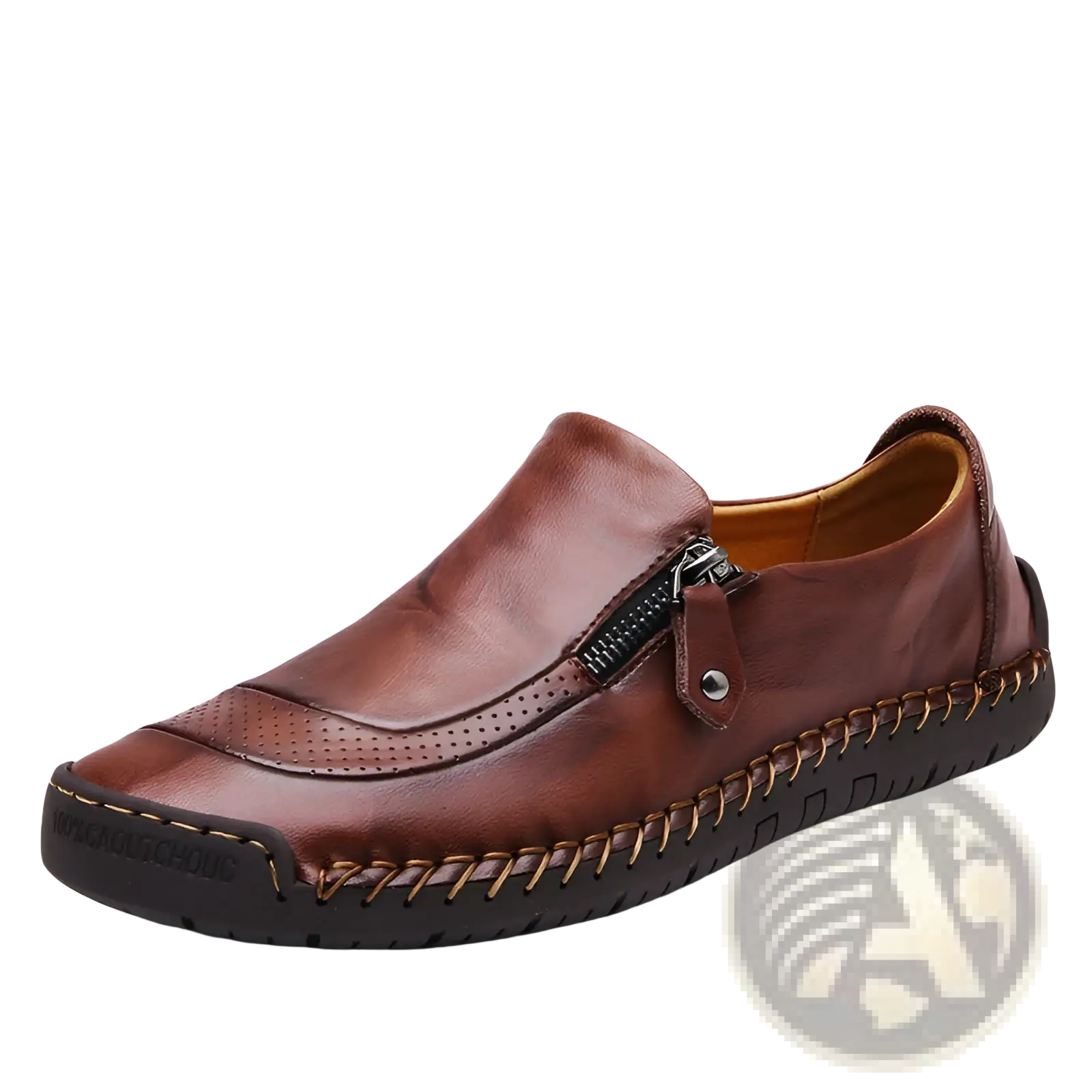 Brown leather men’s slip-on loafer with zipper closure and decorative stitching for business casual wear