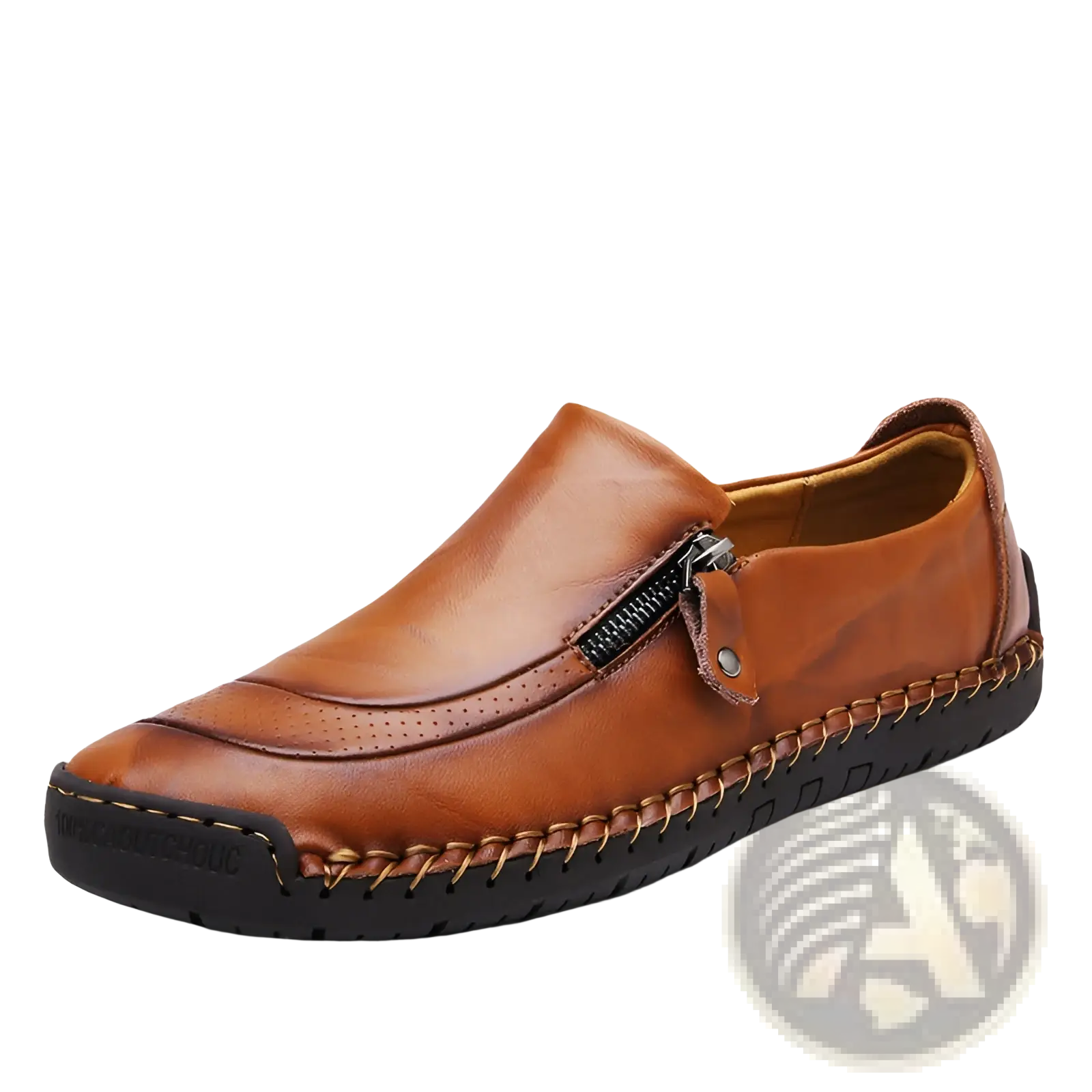 Tan leather men’s slip-on loafers with zipper closure and visible stitching for business casual wear