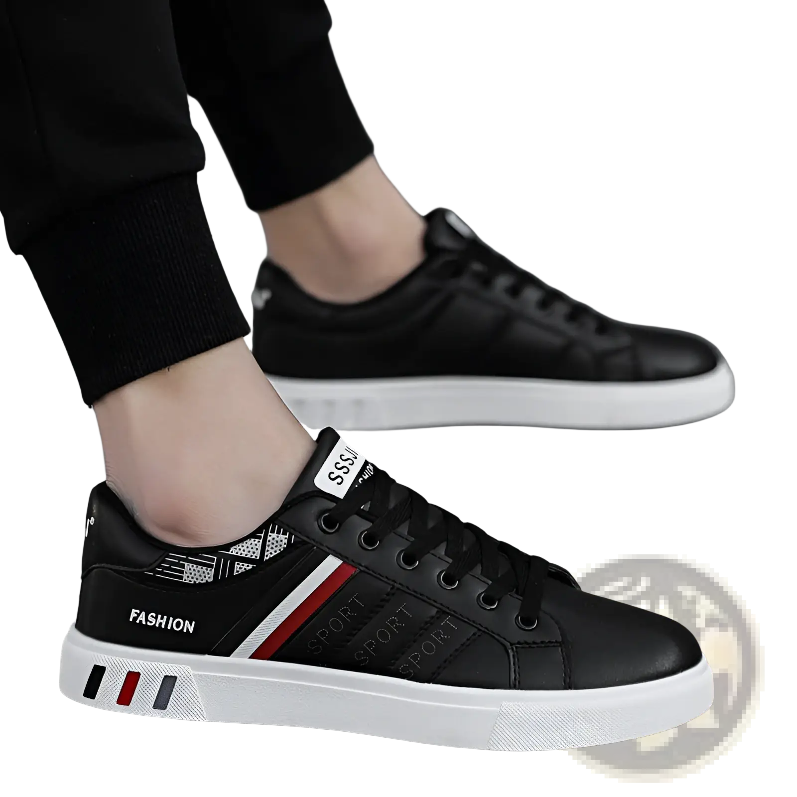 Men’s leather low top sport fashion sneakers in black with white soles and red and gray side stripes sport text on midsole