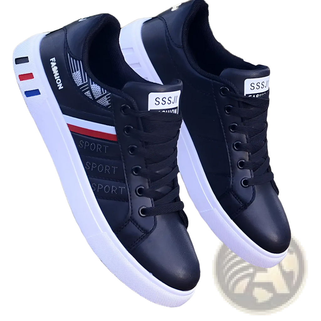 Men’s leather low top sport fashion sneakers in black and white with red blue and gray side accents
