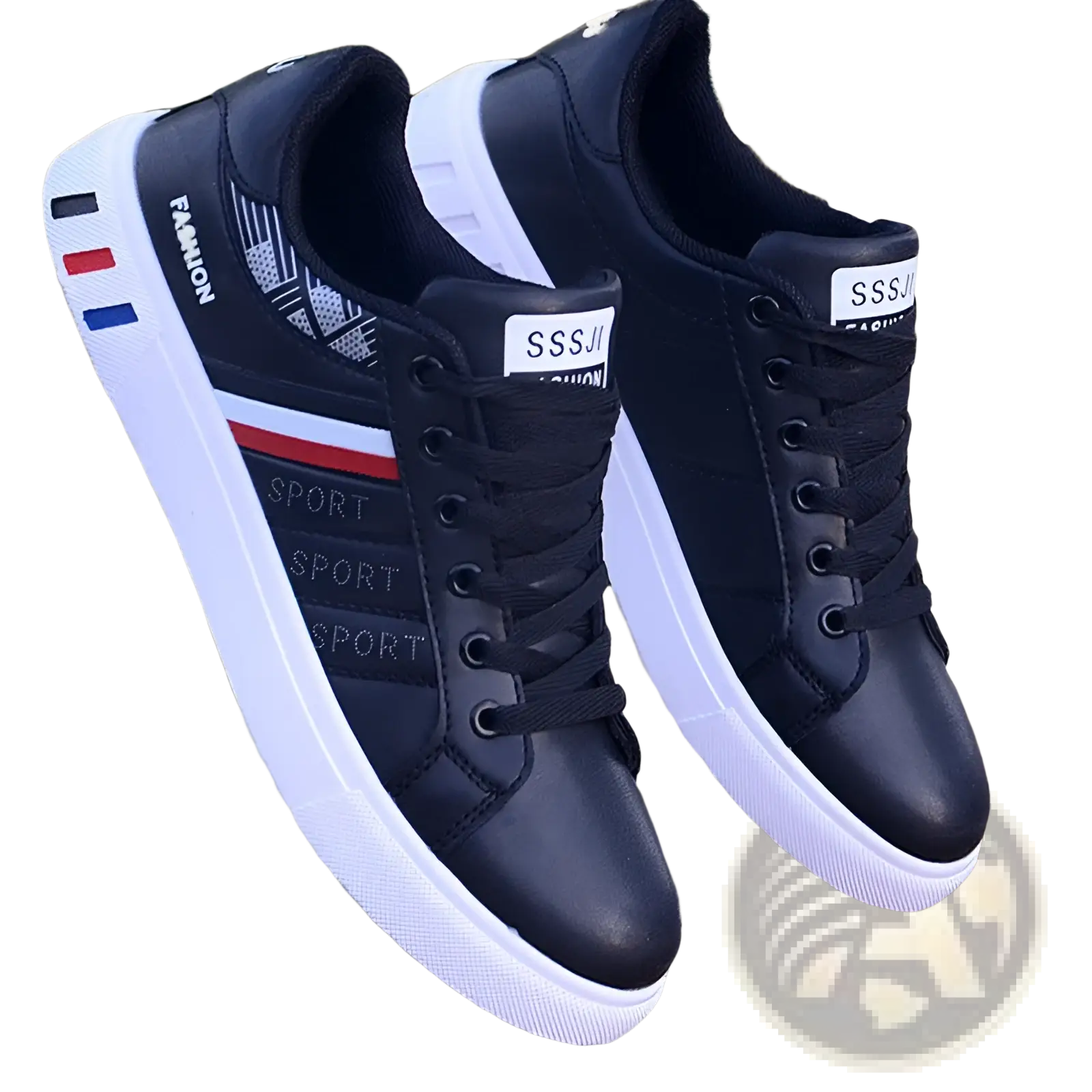 Men’s leather low top sport fashion sneakers in black and white with red blue and gray side accents
