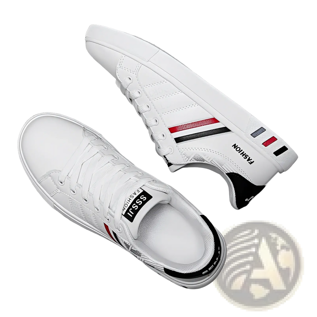 Men’s leather low top sport fashion sneakers in white canvas with red and black stripes and branded text detailing