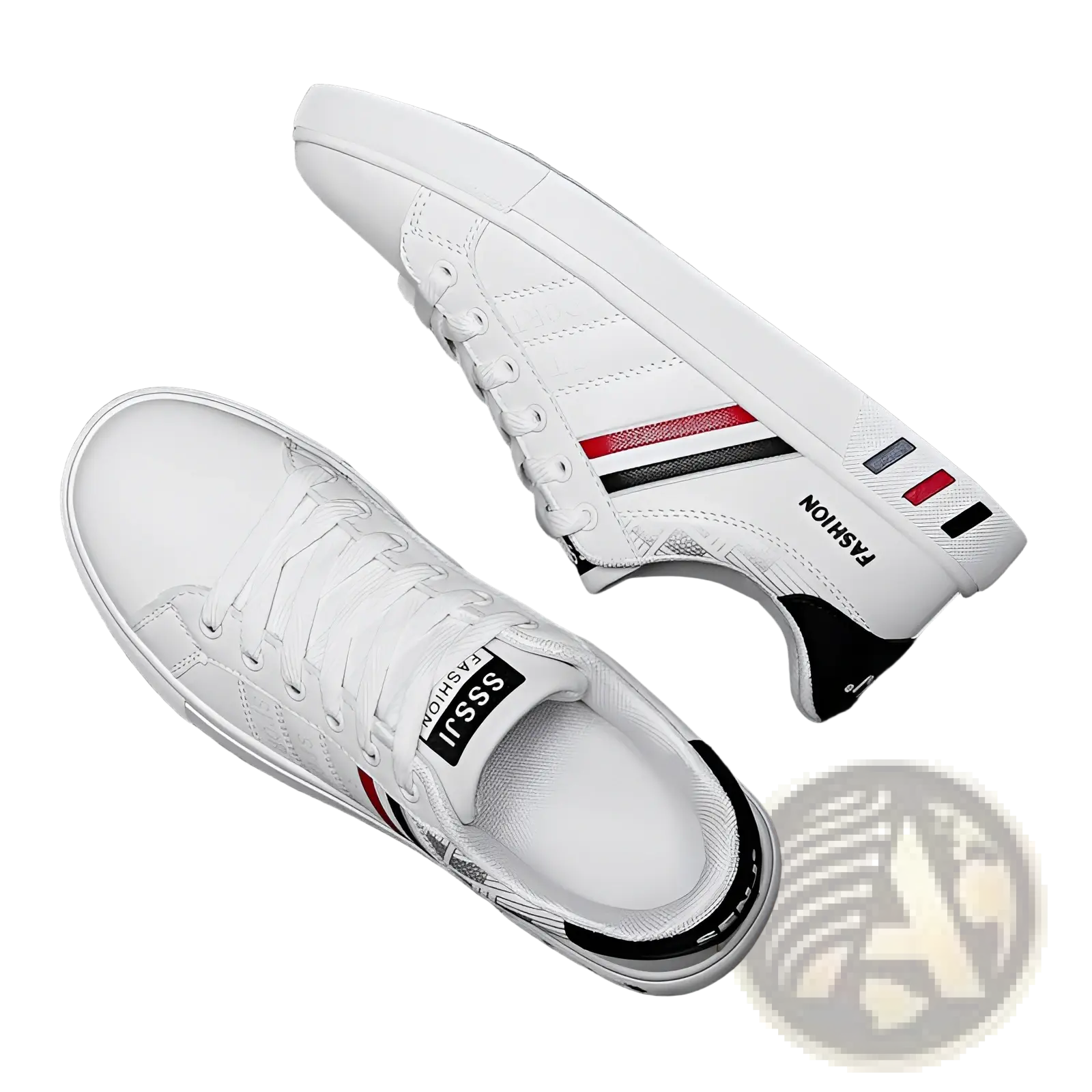 Men’s leather low top sport fashion sneakers in white canvas with red and black stripes and branded text detailing