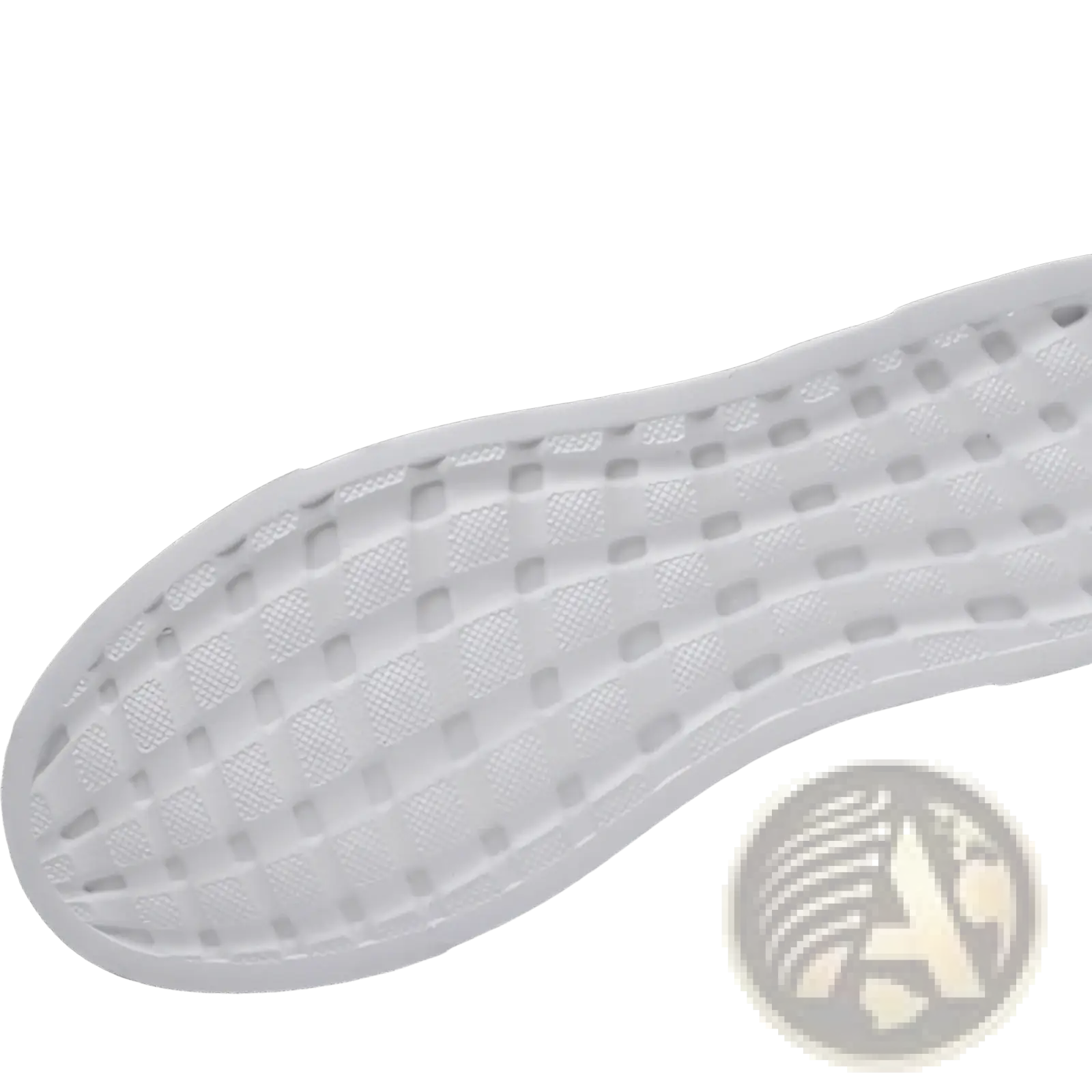 White rubber sole with grid tread pattern of men’s leather low top sport fashion sneakers shown from the back side