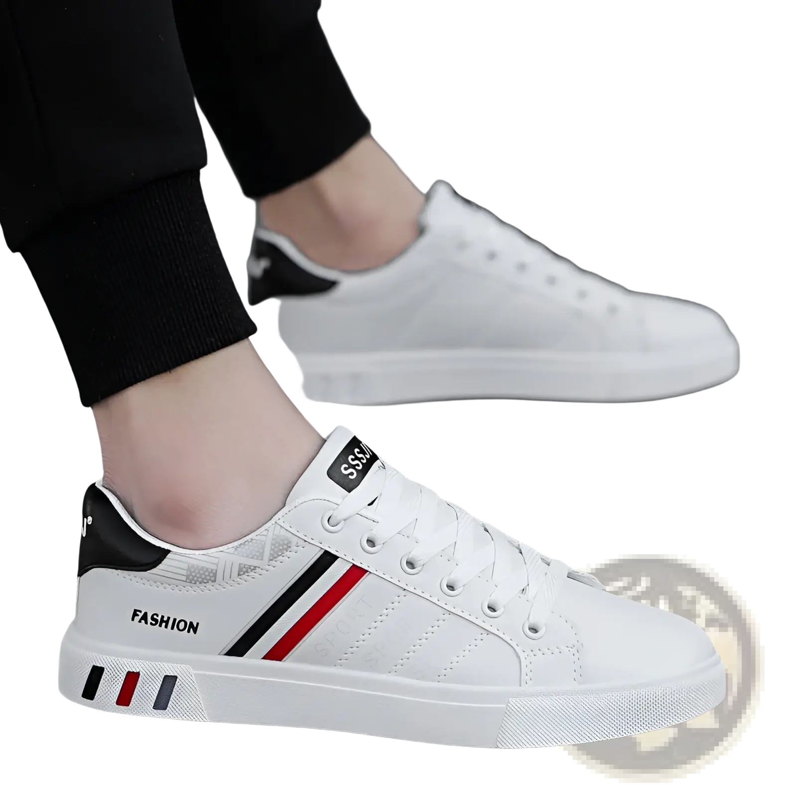 Men’s leather low top sport fashion sneakers in white canvas with black and red stripes and a fashion label on the side