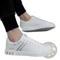 Men’s white leather low top sport sneaker with silver stripes and fashion branding on the side