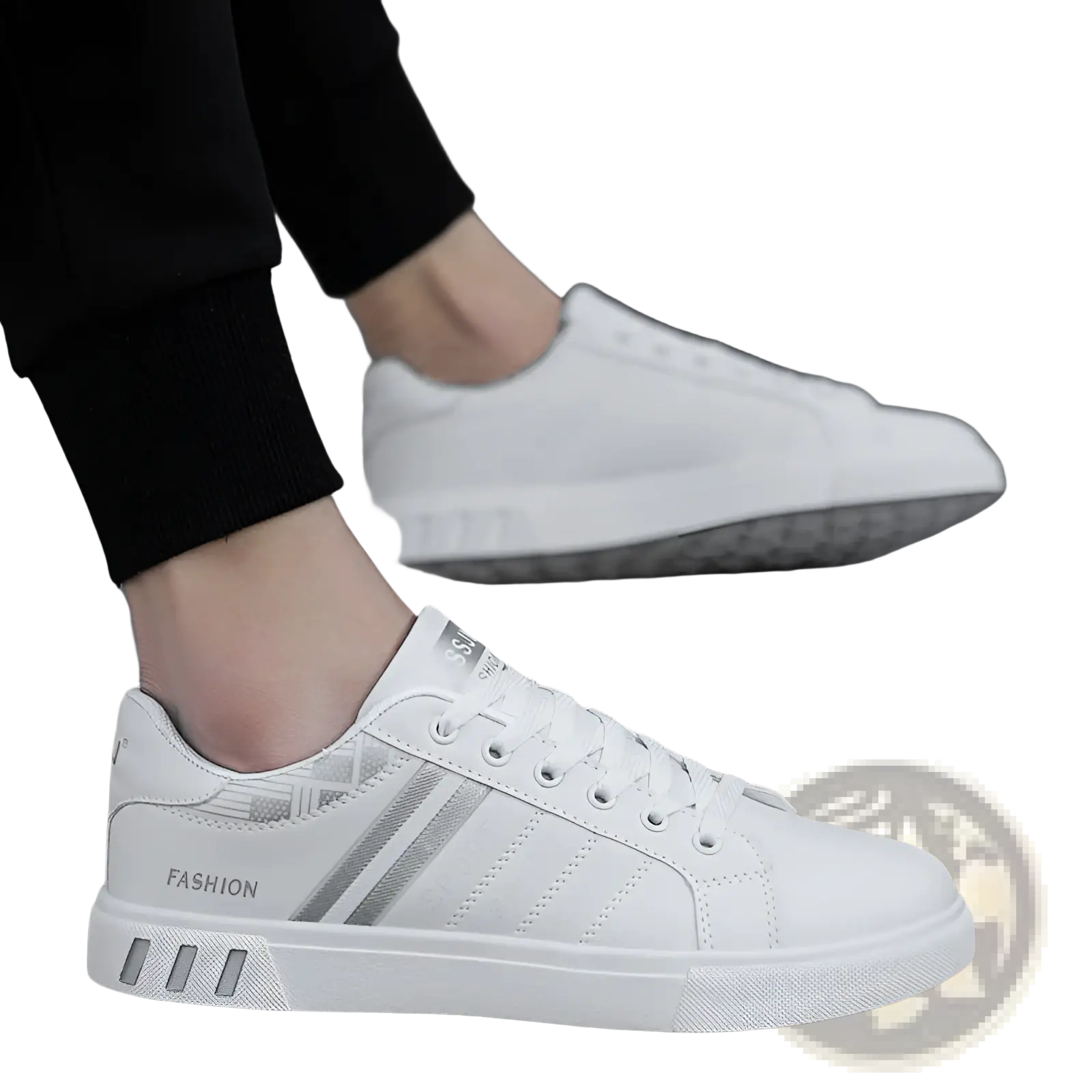 Men’s white leather low top sport sneaker with silver stripes and fashion branding on the side