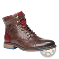 Men’s leather Martin boot in brown with red interior and side panel, brass eyelets, wooden heel, and blue rubber sole