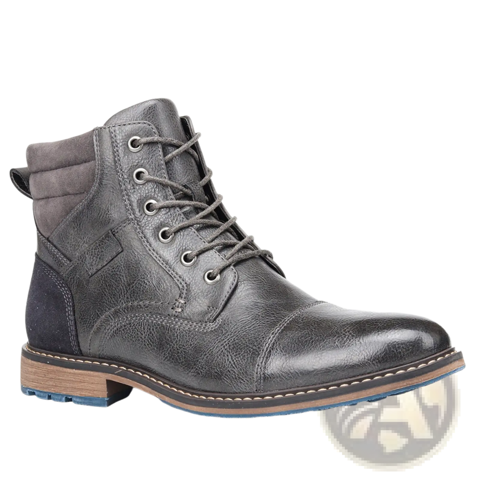 Men’s leather Martin boots in dark gray with suede collar navy blue panel and tan rubber sole with stitching details