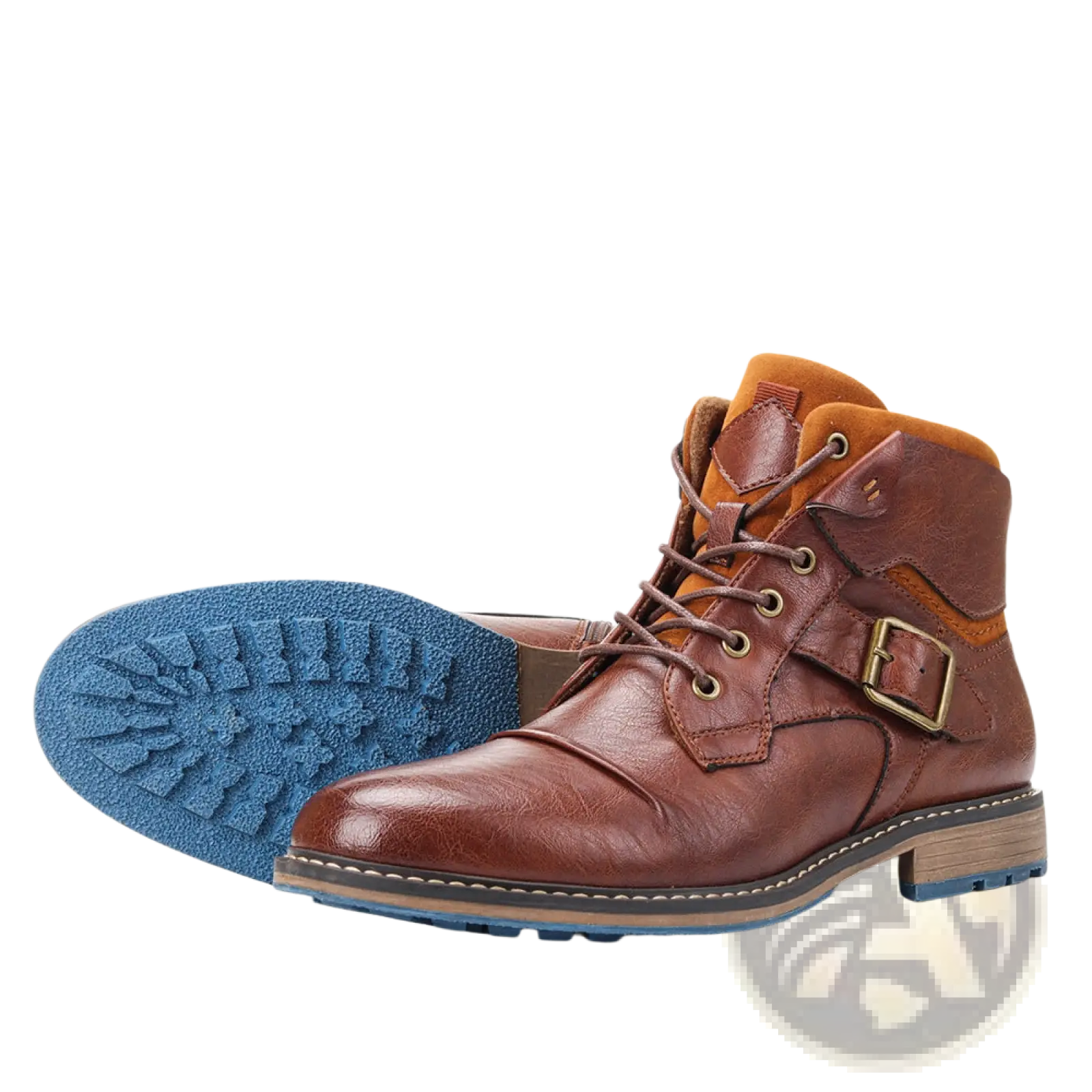 Men’s leather Martin boots in brown with tan suede accents, brass buckle strap, and blue rubber sole