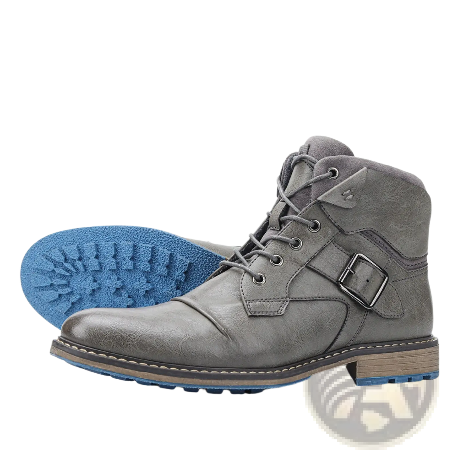 Men’s leather martin boots in gray suede with silver buckle and blue rubber sole for casual wear