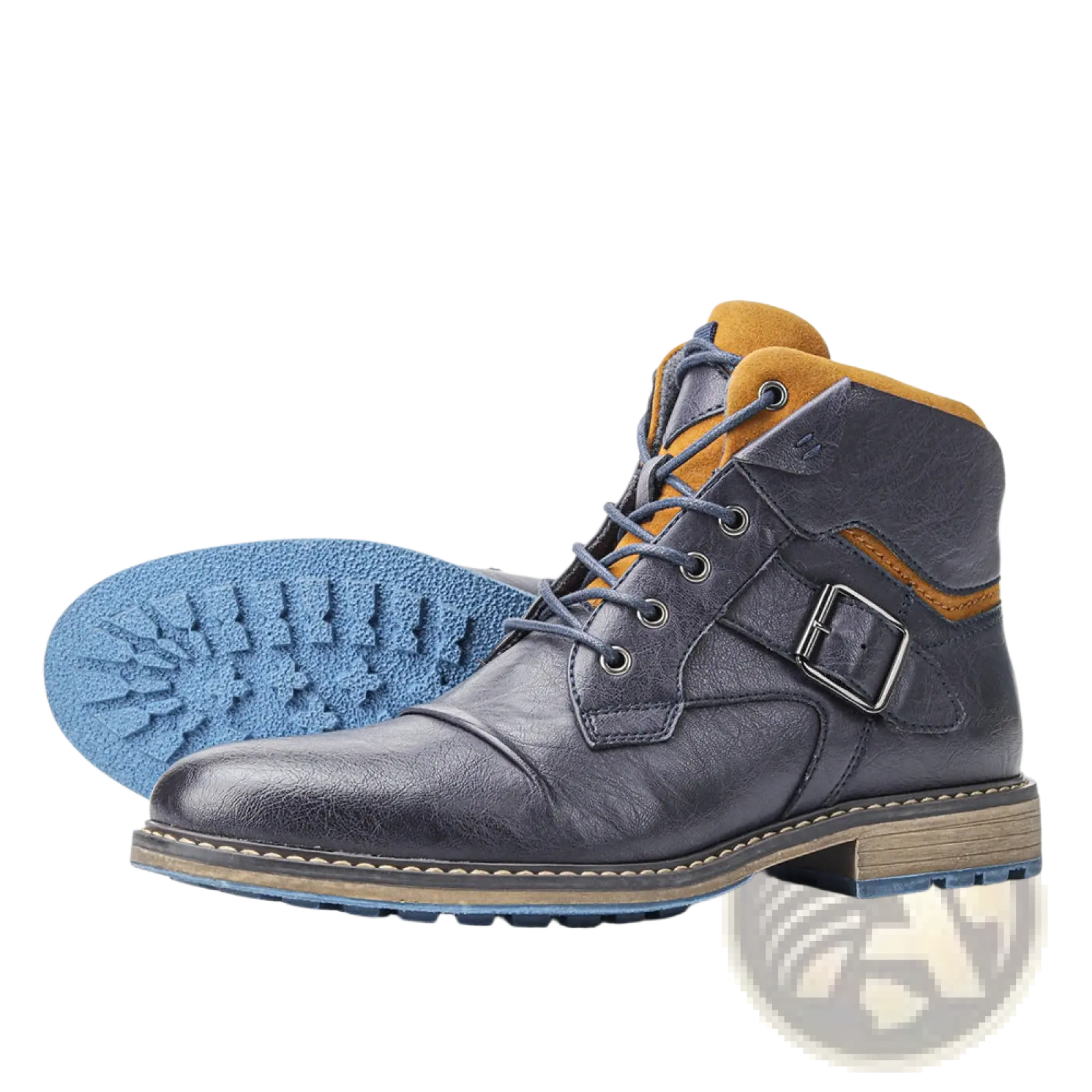 Men’s leather martin boots in dark blue and mustard yellow with silver buckle strap and blue rubber sole