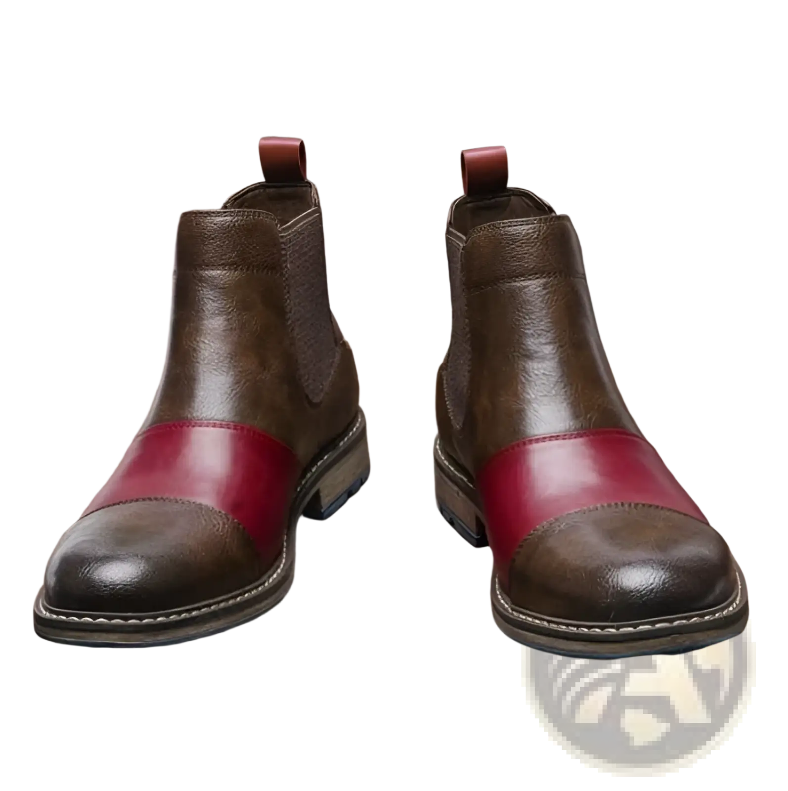 Men’s leather martin boots featuring brown and red two-tone leather chelsea design with blue rubber sole