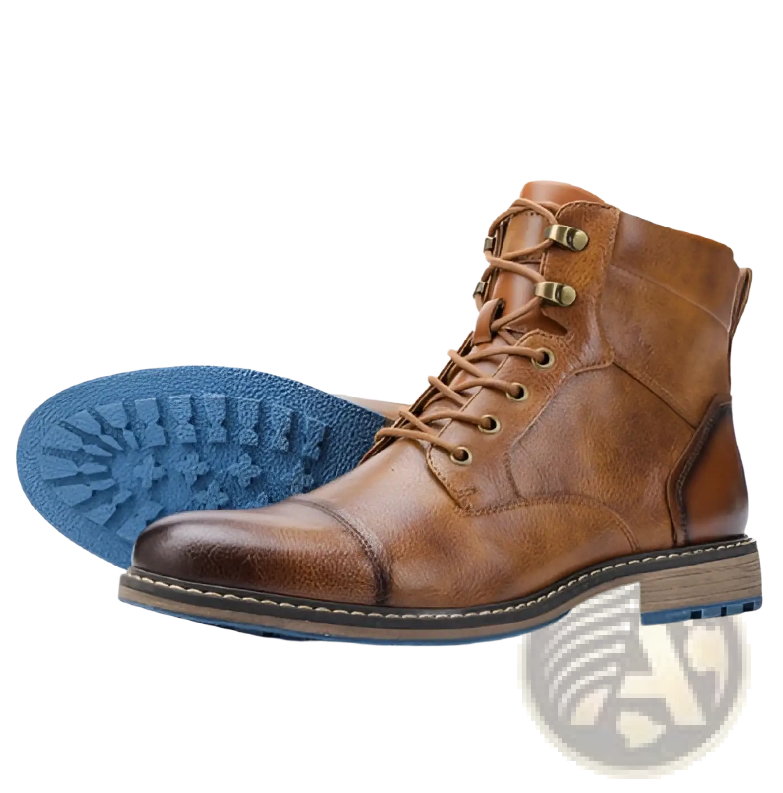 Men’s leather martin boot in brown with lace-up design and blue rubber sole featuring brass eyelets