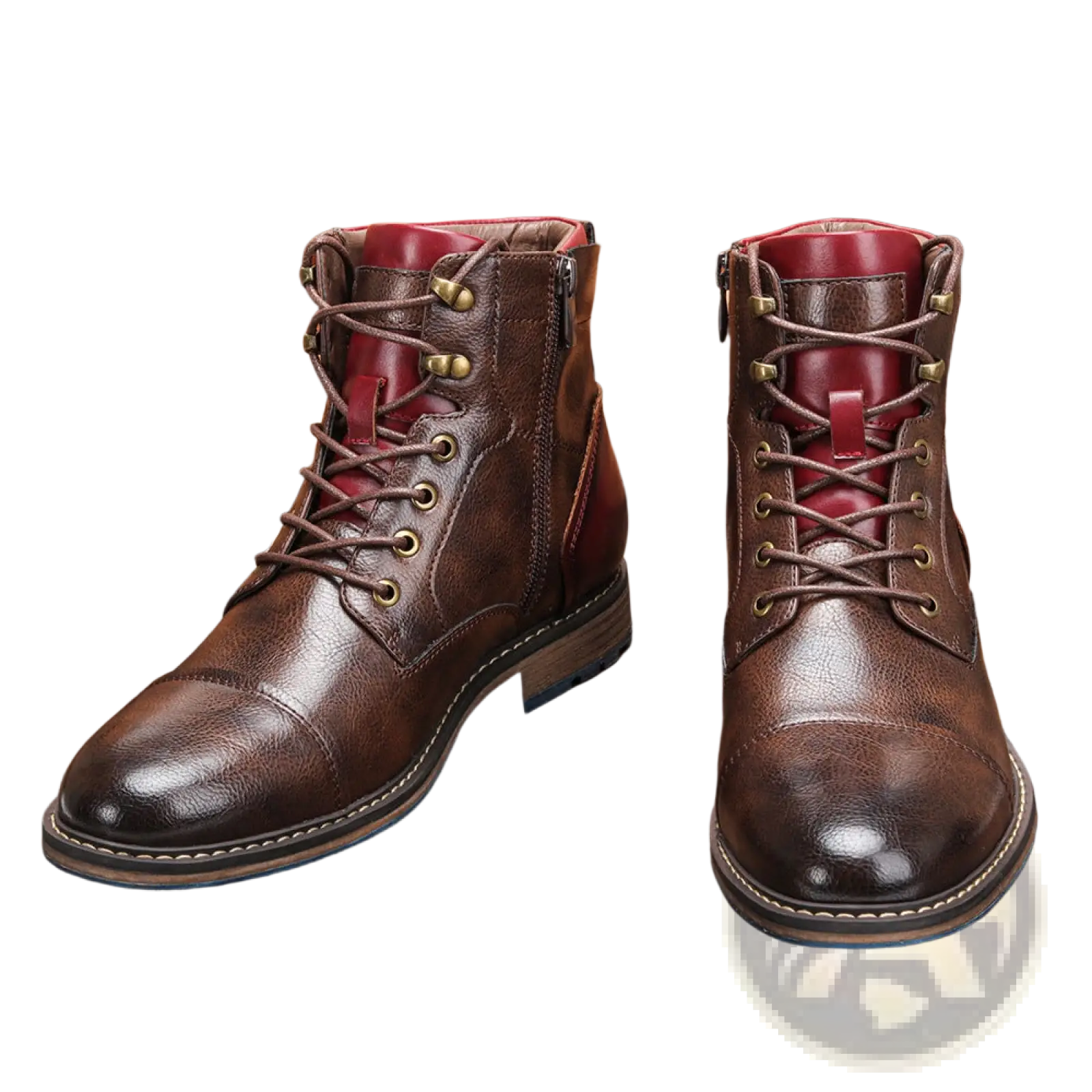 Men’s leather martin boots in brown with red interior brass eyelets and blue rubber sole for durable wear