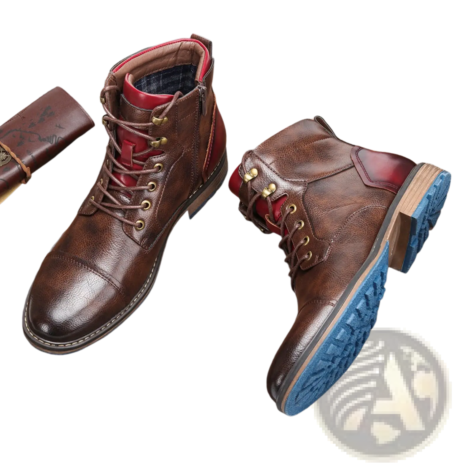 Men’s leather martin boots featuring brown leather, red inner lining, and blue rubber sole with lace-up design