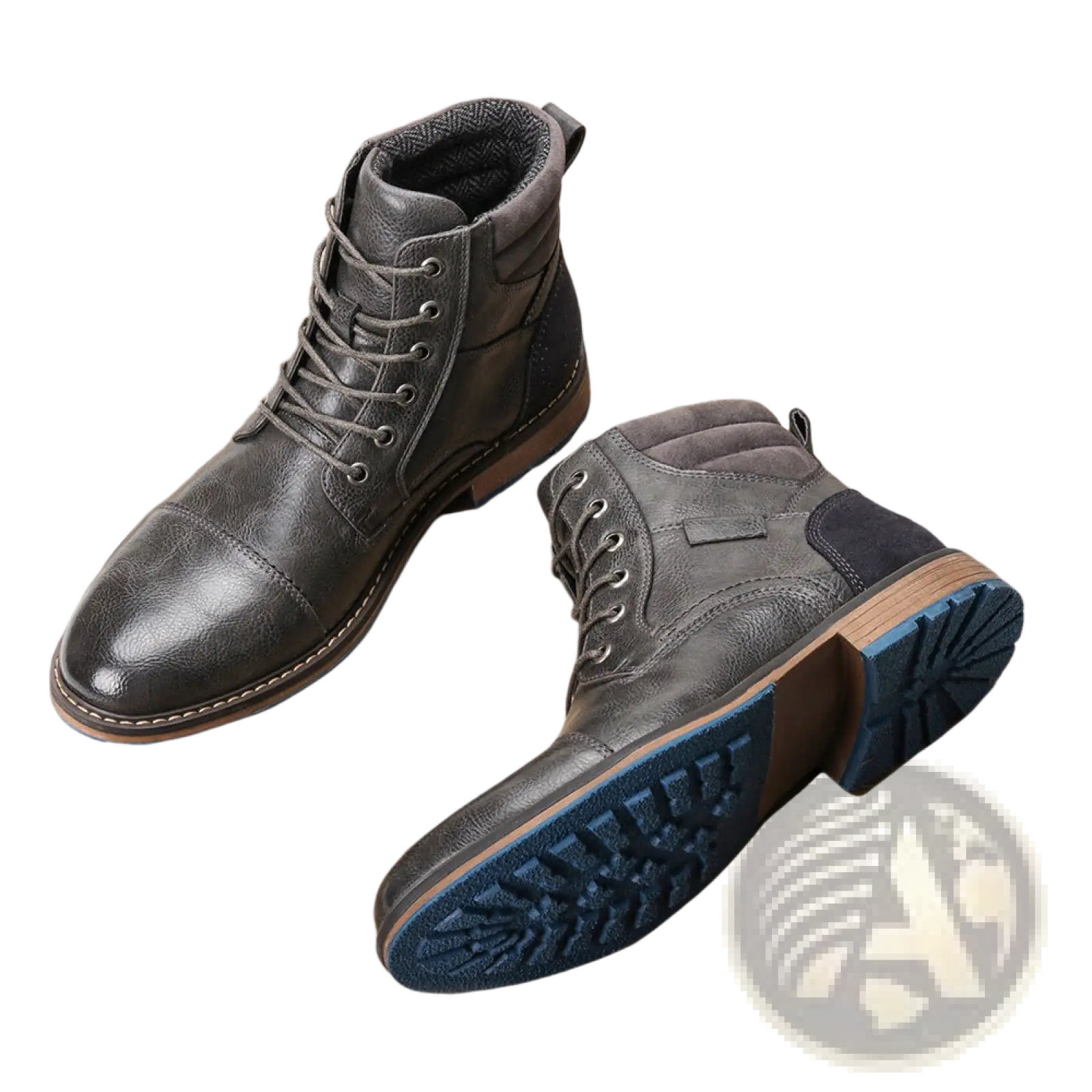 Men’s leather martin boots in dark gray with navy blue rubber soles and tan stitching lace-up design