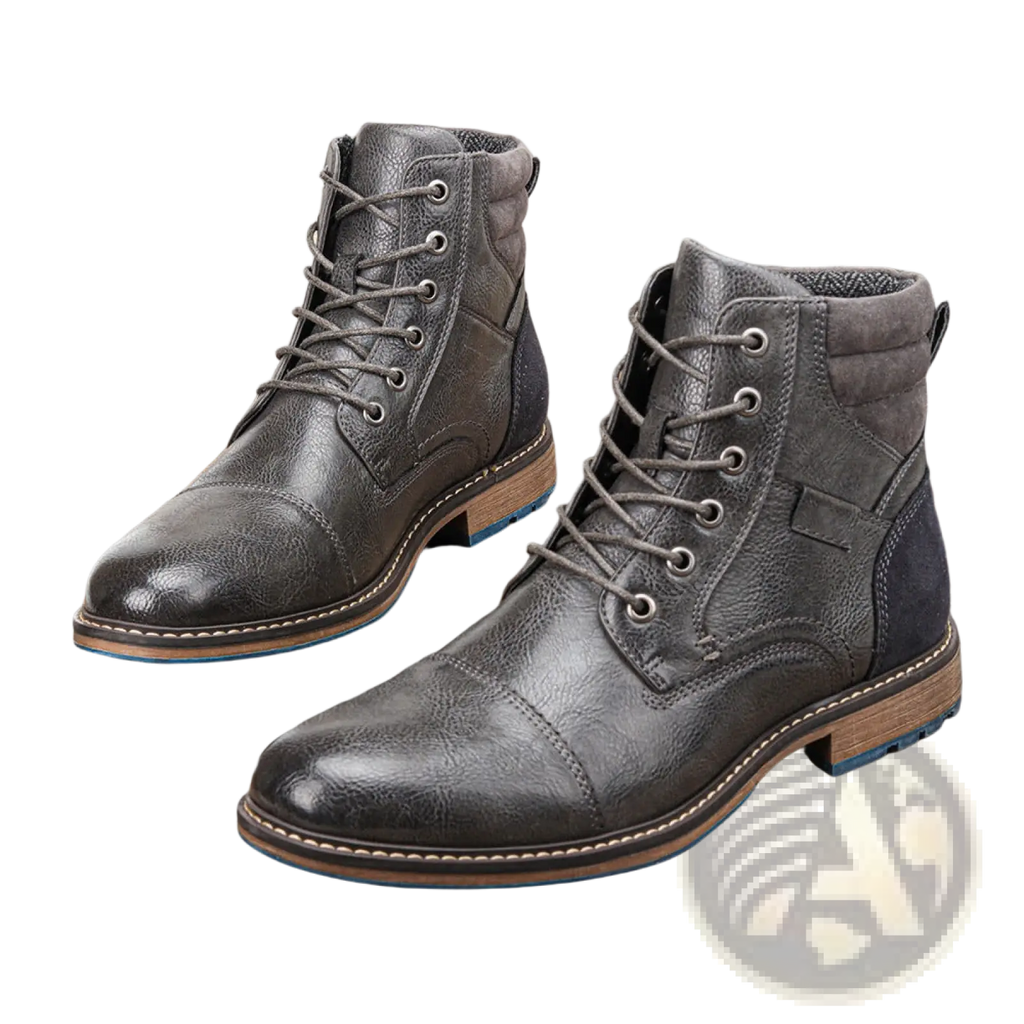 Men’s leather martin boots in dark gray with distressed finish and contrasting tan blue rubber sole