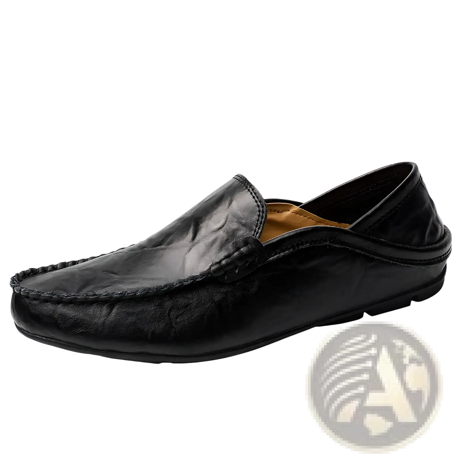 Men’s leather moccasin loafer slip on shoe in black with textured surface and contrasting tan interior lining