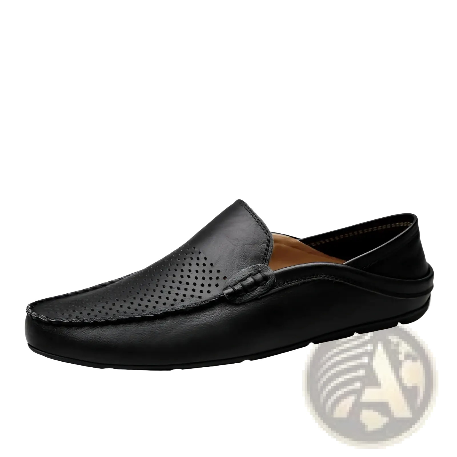 Men’s black leather moccasin loafers slip on shoes with perforated detailing and stitched moccasin-style strap