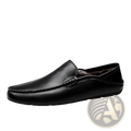 Men’s black leather moccasin loafers slip on shoes with plush dark brown lining for comfortable wear