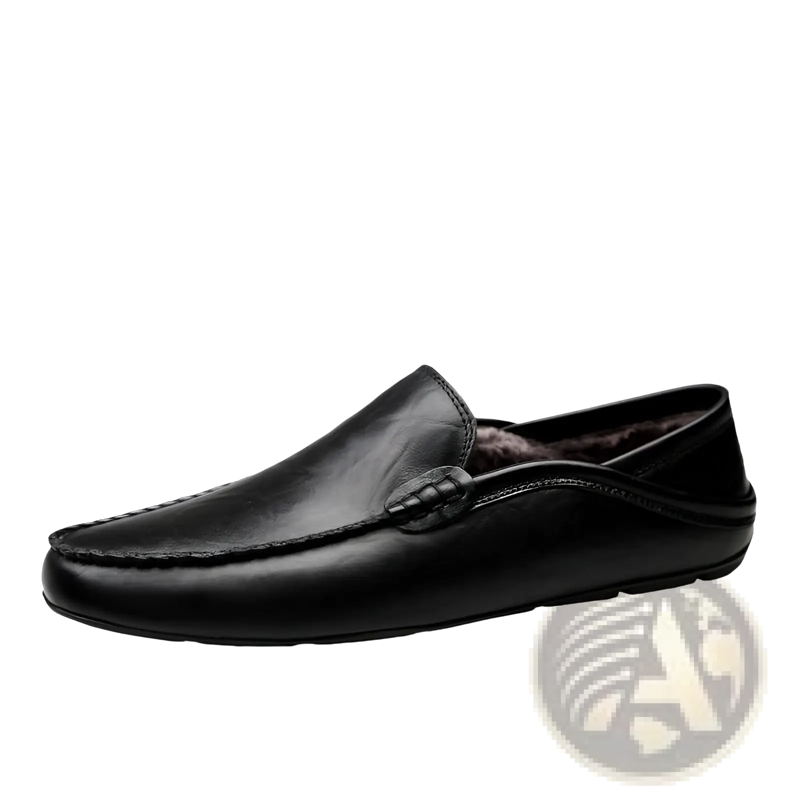 Men’s black leather moccasin loafers slip on shoes with plush dark brown lining for comfortable wear