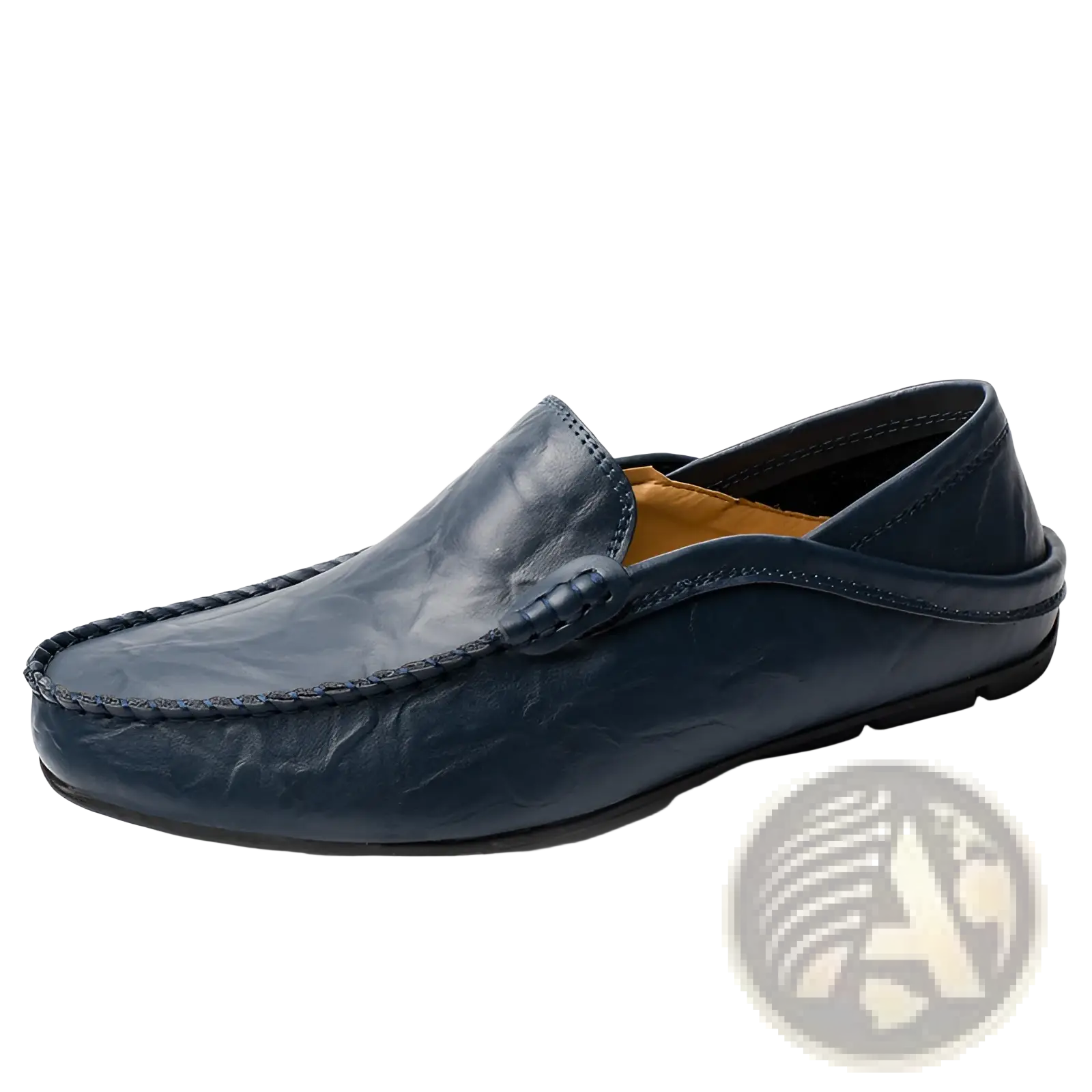 Men’s leather moccasin loafers slip on shoes in dark blue textured leather with stitched design and tan interior lining