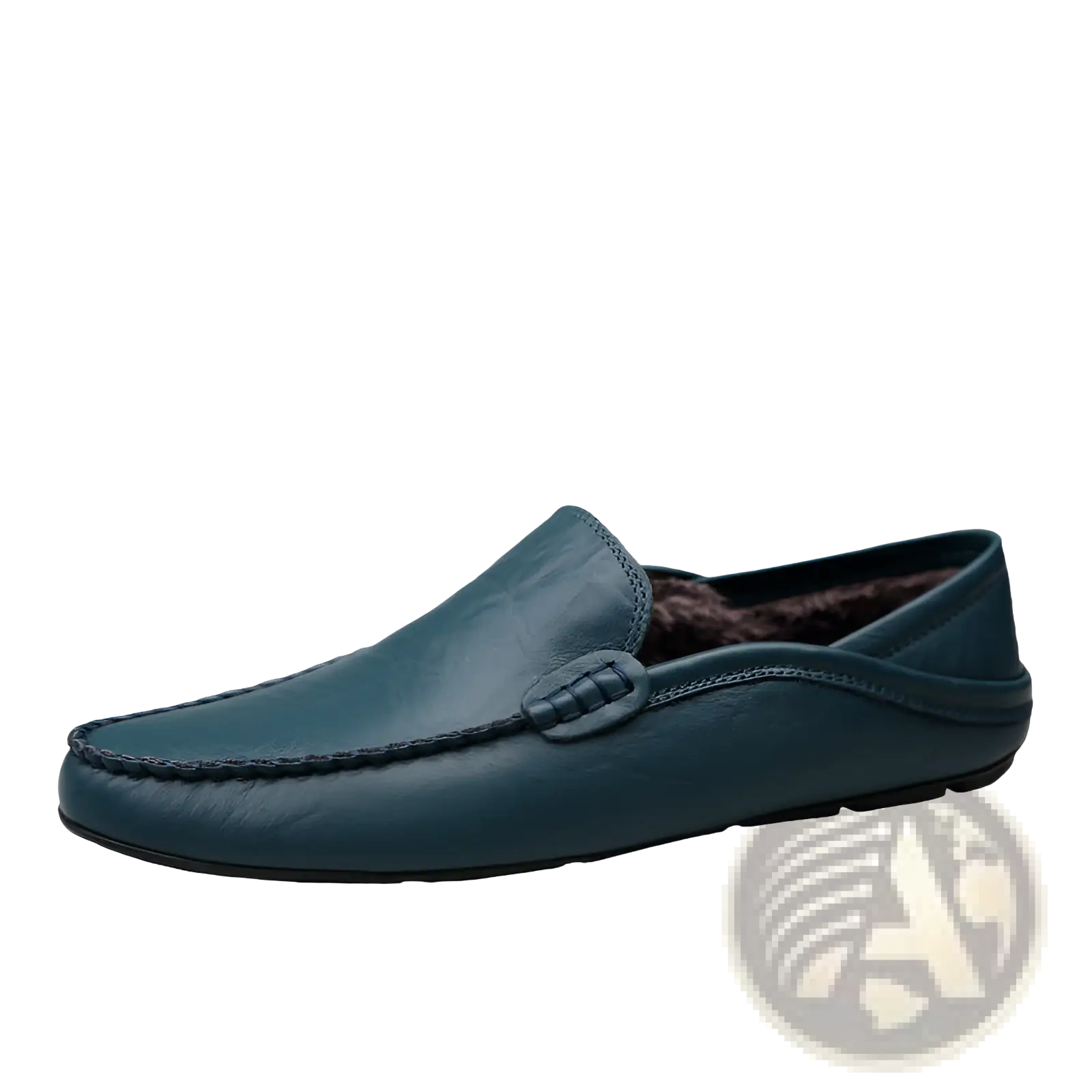 Men’s dark teal leather moccasin loafers slip on shoes with stitched toe and plush brown lining