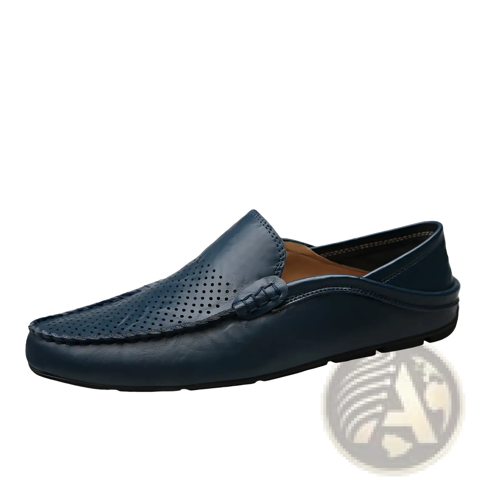 Dark blue leather men’s moccasin loafers slip on shoes with perforated detailing and a braided strap accent