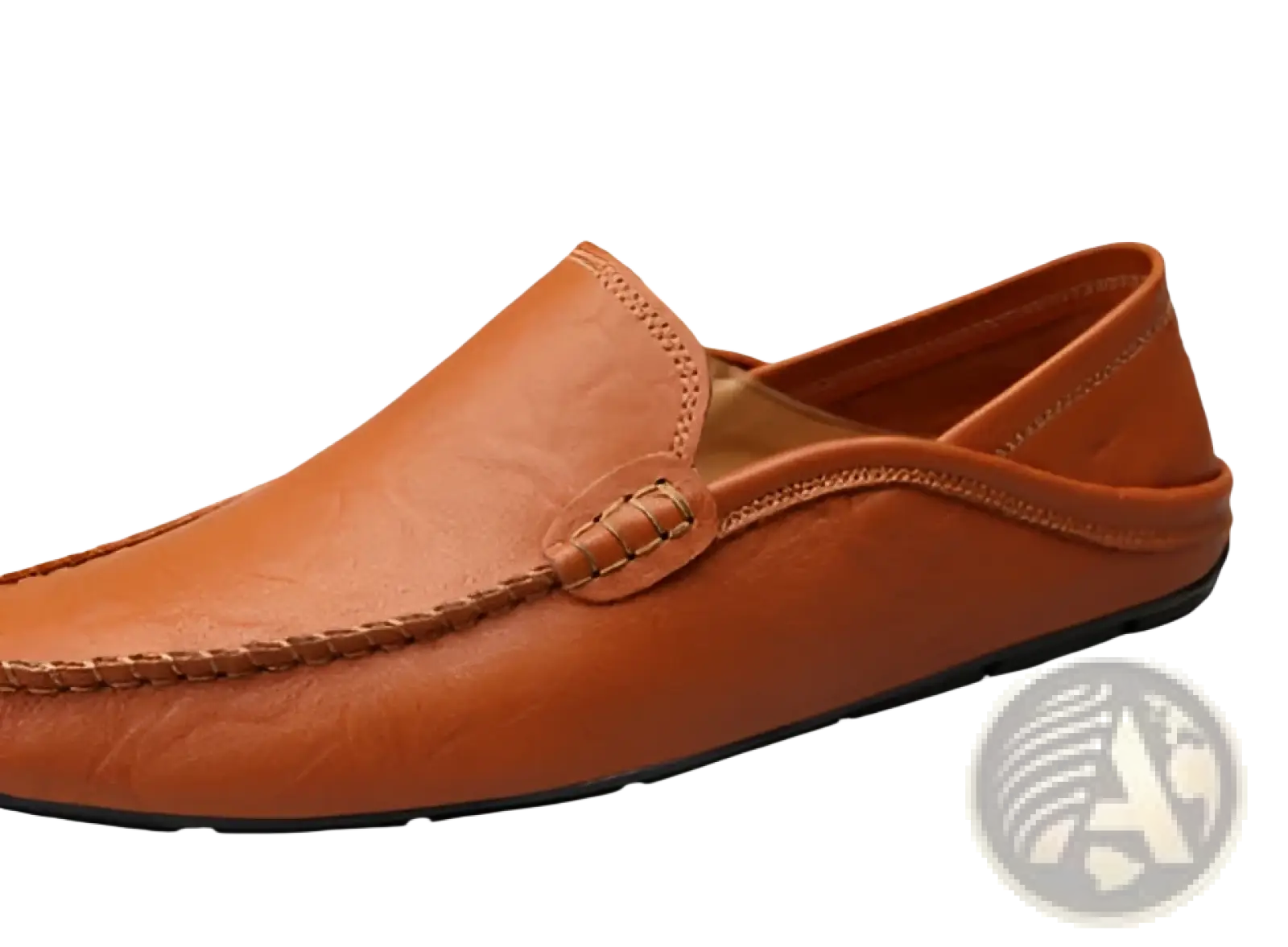 Men’s tan leather moccasin loafers slip on shoes featuring stitched decorative detail on the vamp