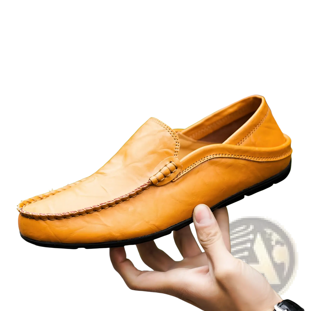 Men’s leather moccasin loafers slip-on shoes in tan leather with stitched toe cap and black rubber sole