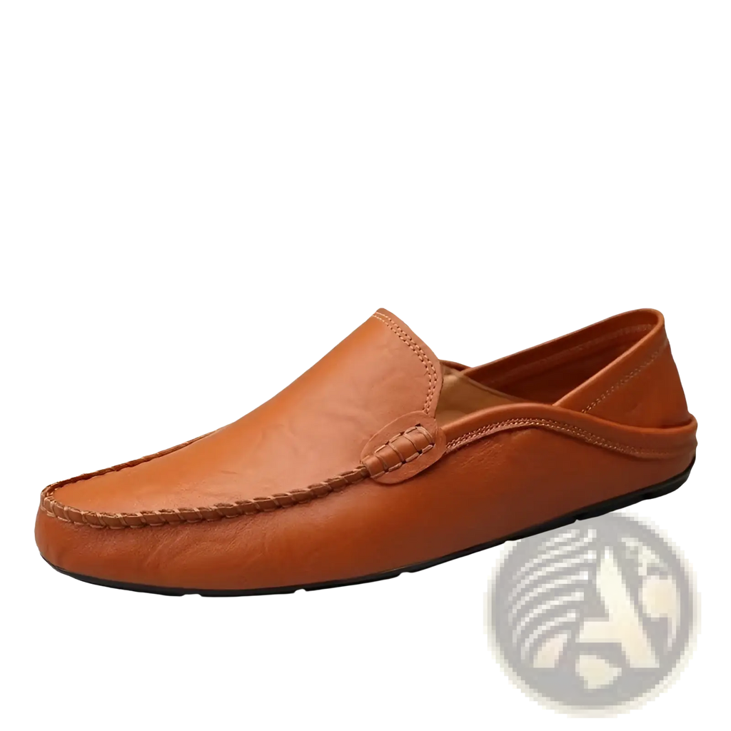 Men’s tan leather moccasin loafers slip on shoes with stitched decorative detail on the vamp
