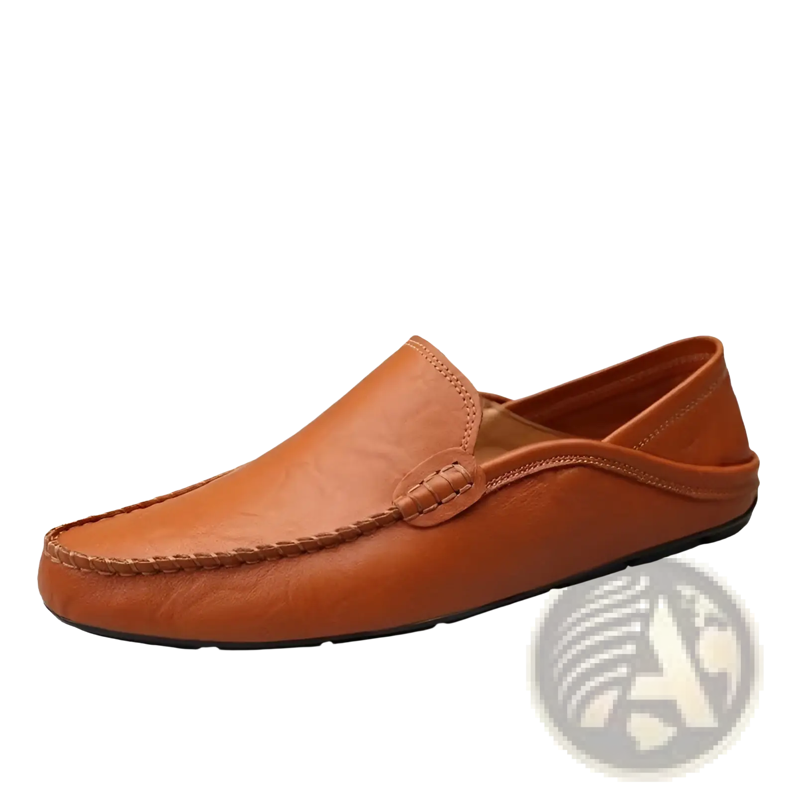 Men’s tan leather moccasin loafers slip on shoes with stitched decorative detail on the vamp