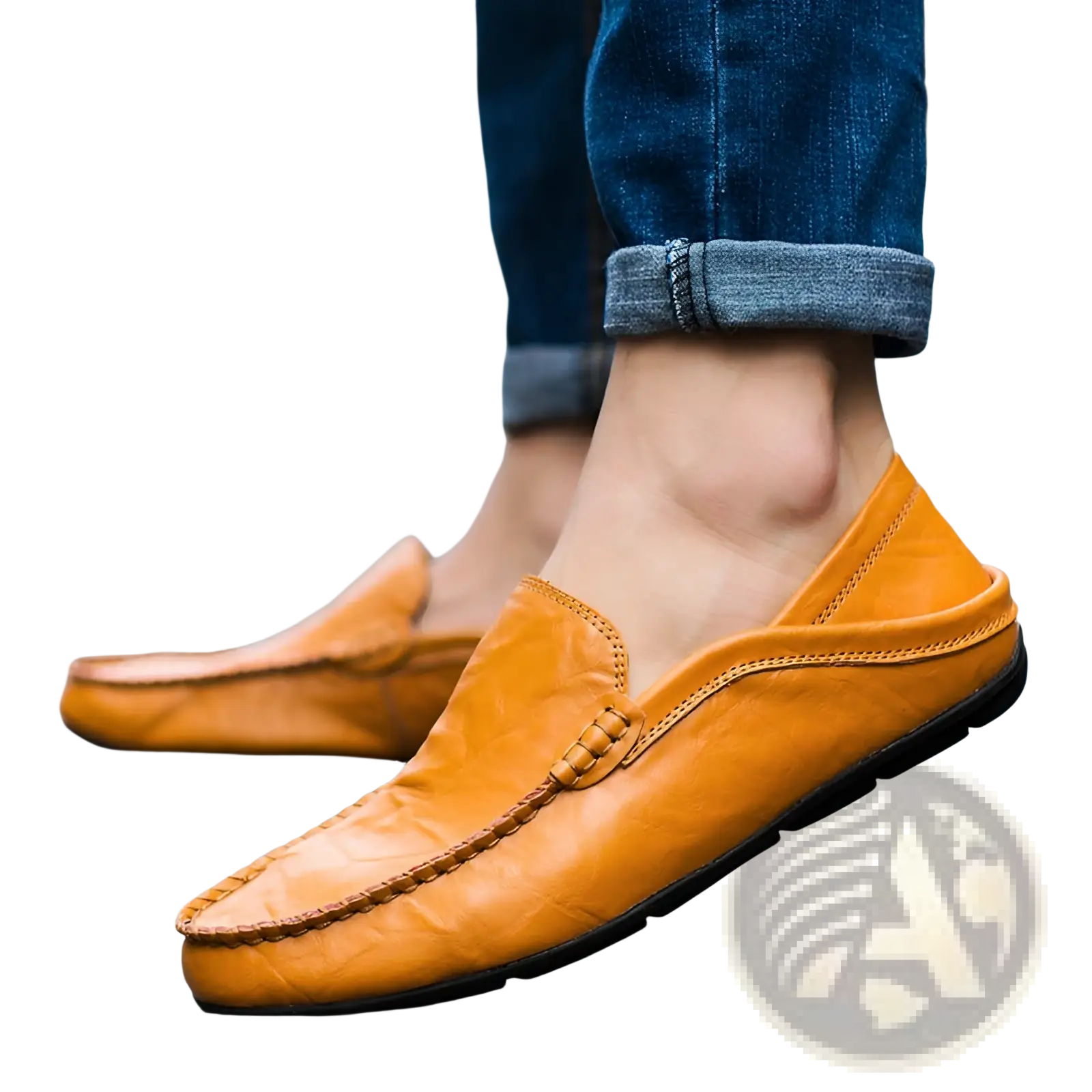 Men’s leather moccasin loafers slip on shoes in tan with stitched design and black rubber soles