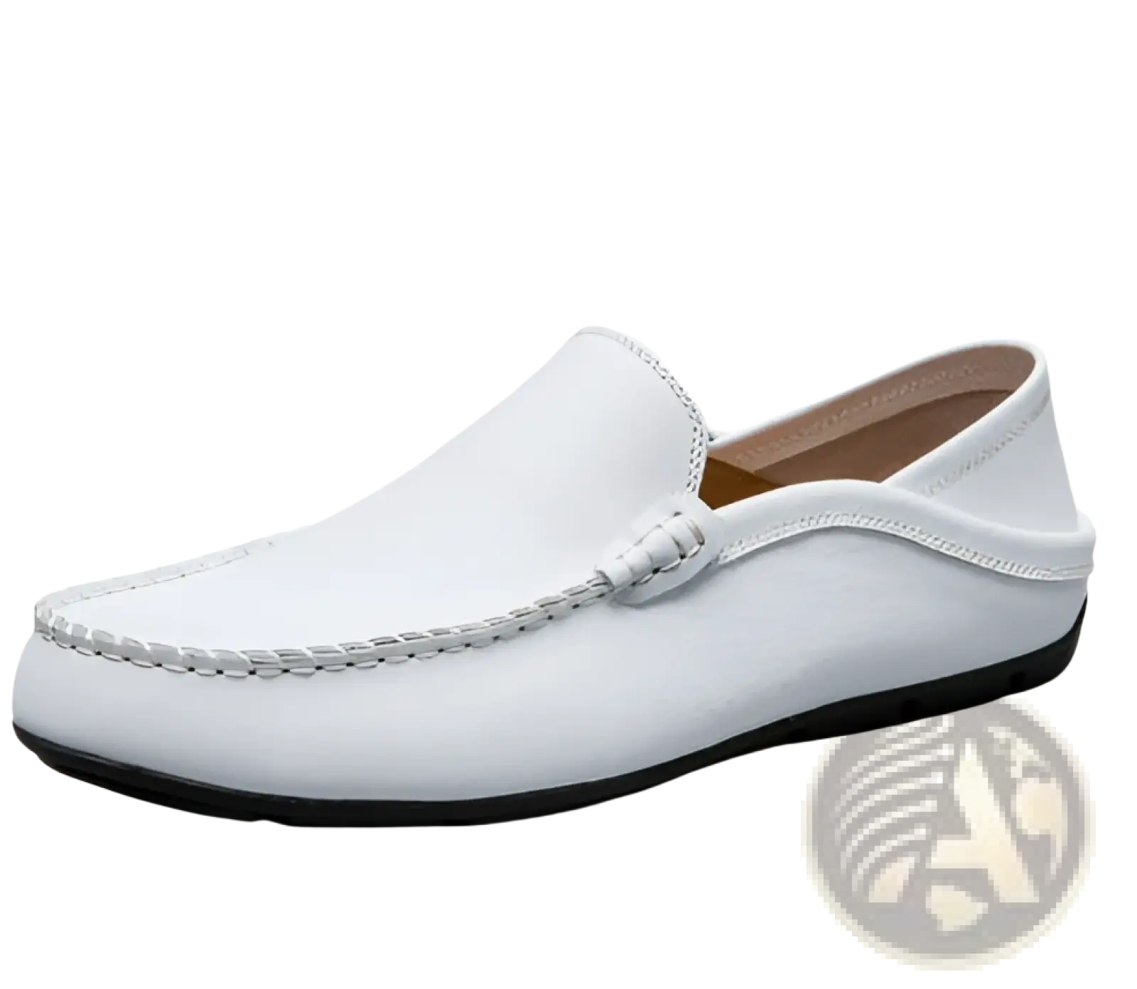Men’s leather moccasin loafers slip on shoes in white leather with black rubber sole and stitched detailing