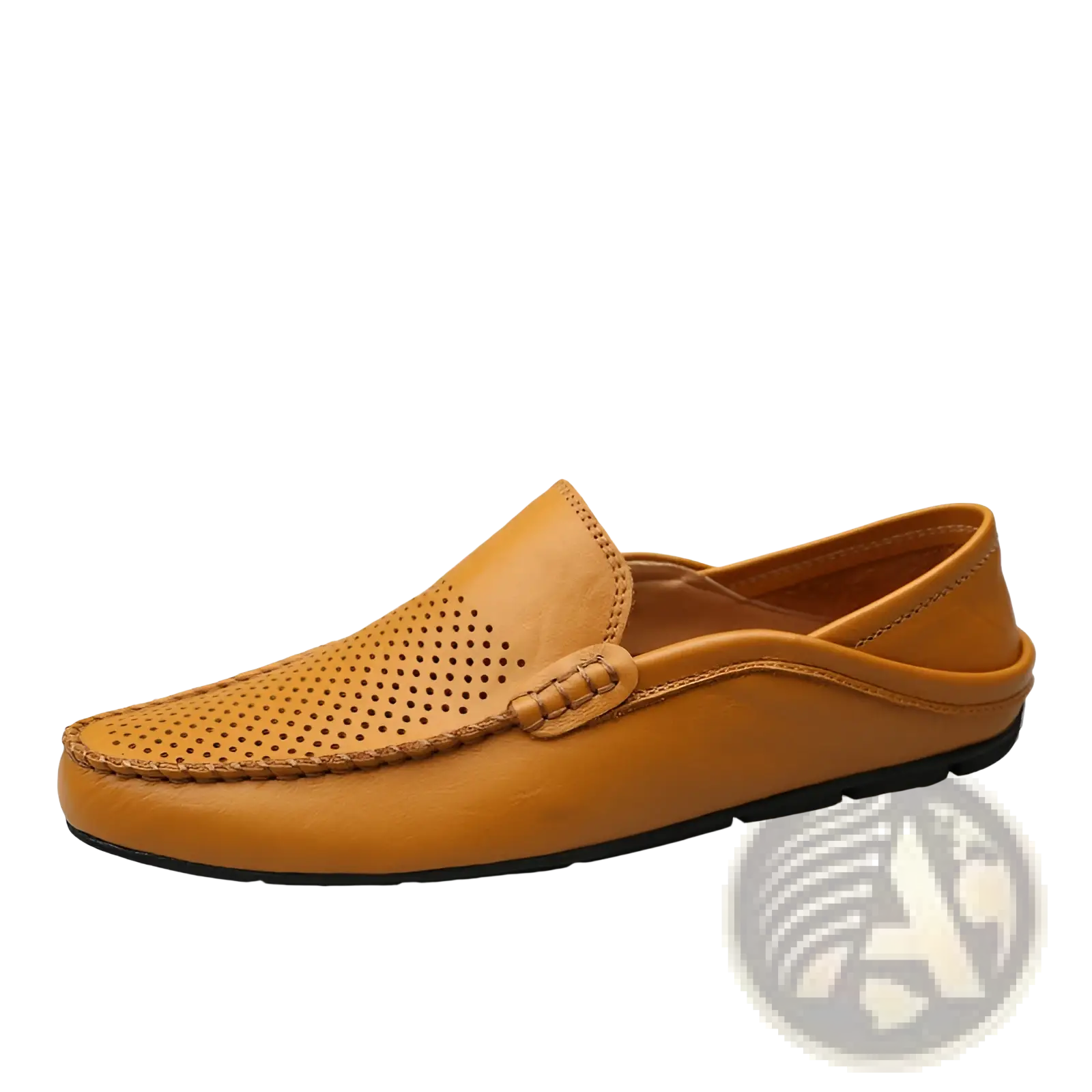 Men’s tan leather moccasin loafers with perforated detailing and braided strap slip on shoes