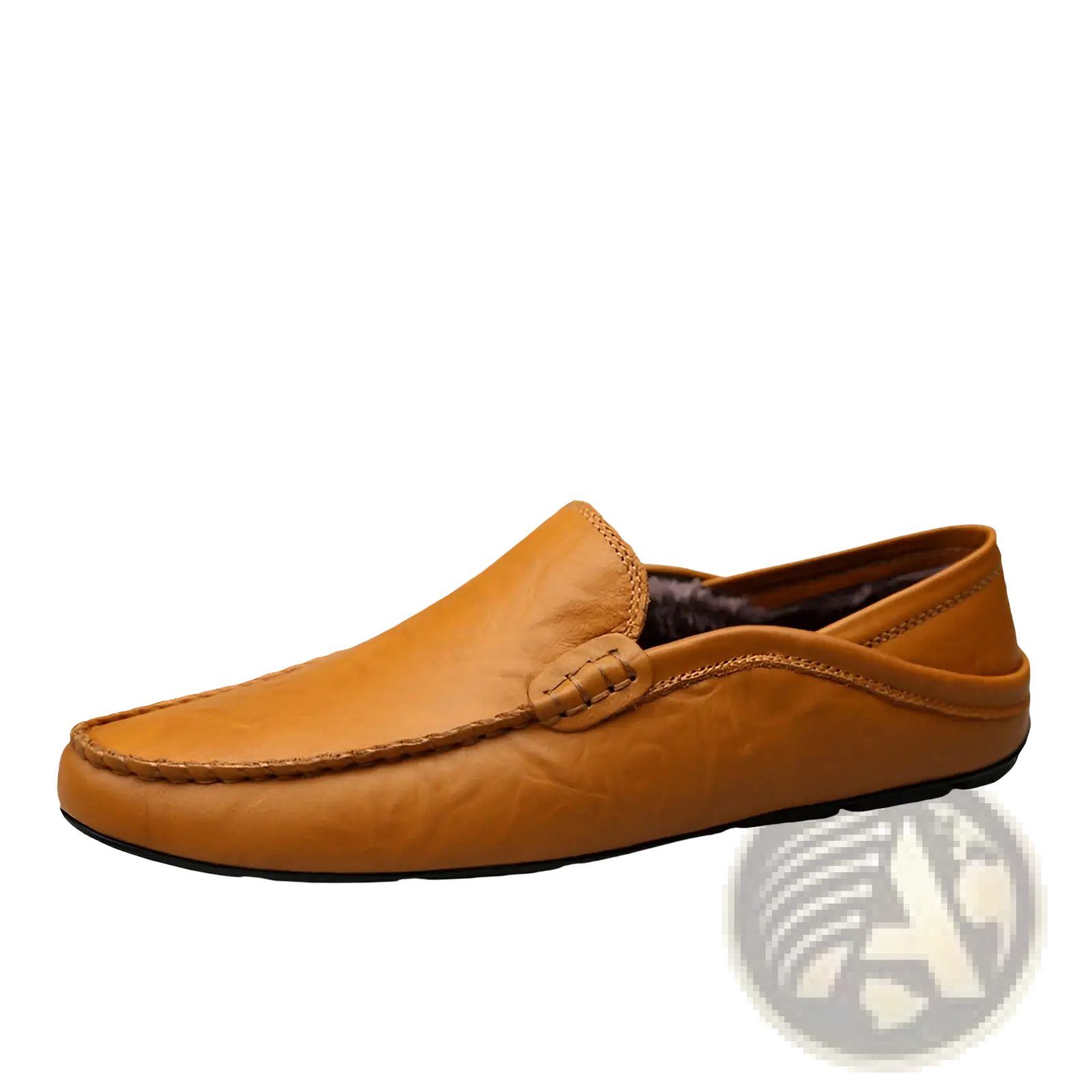 Men’s tan leather moccasin loafers slip on shoes with stitched decorative tab and plush lining for comfort