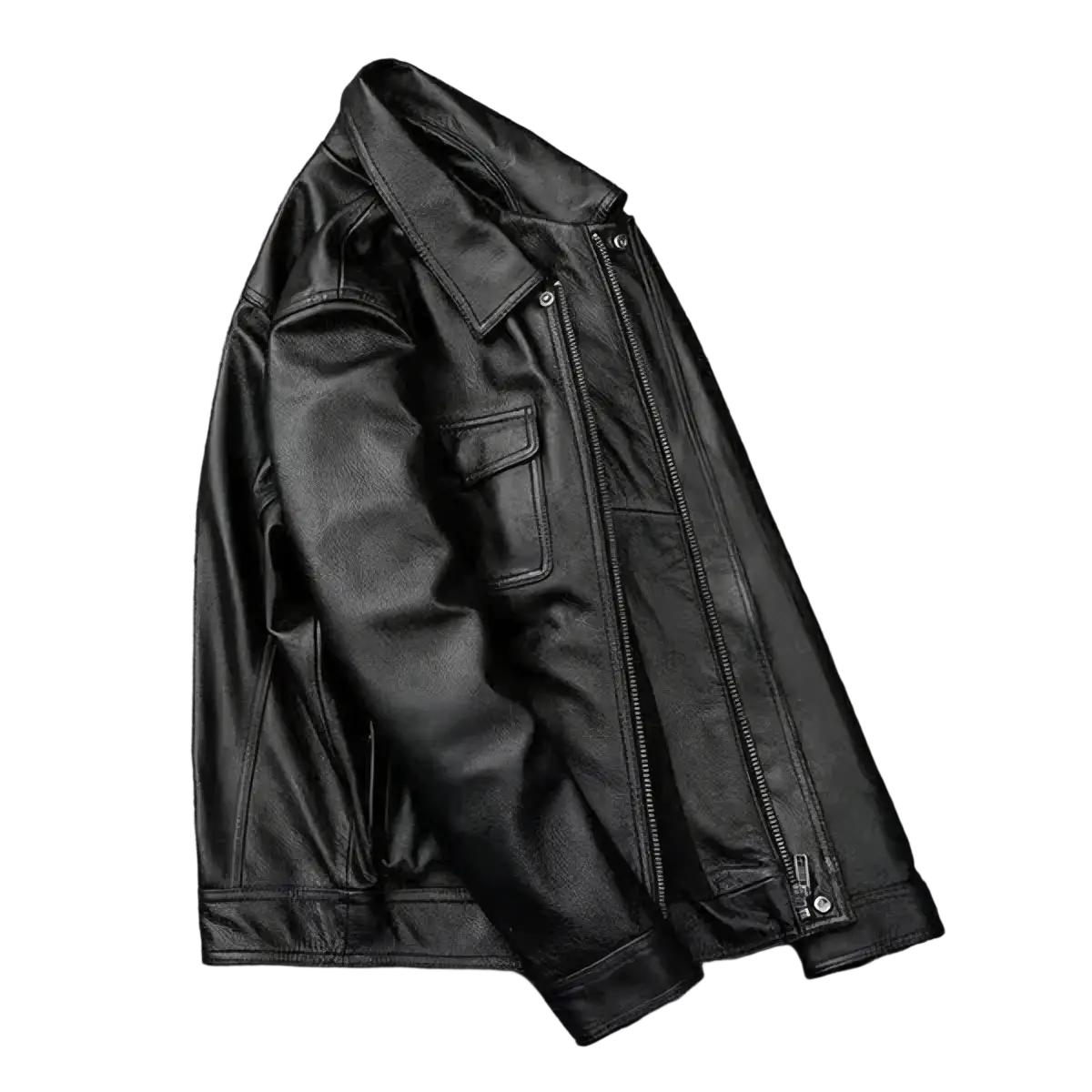 Mens leather motorcycle jacket in black with classic design and front zipper closure made of genuine leather