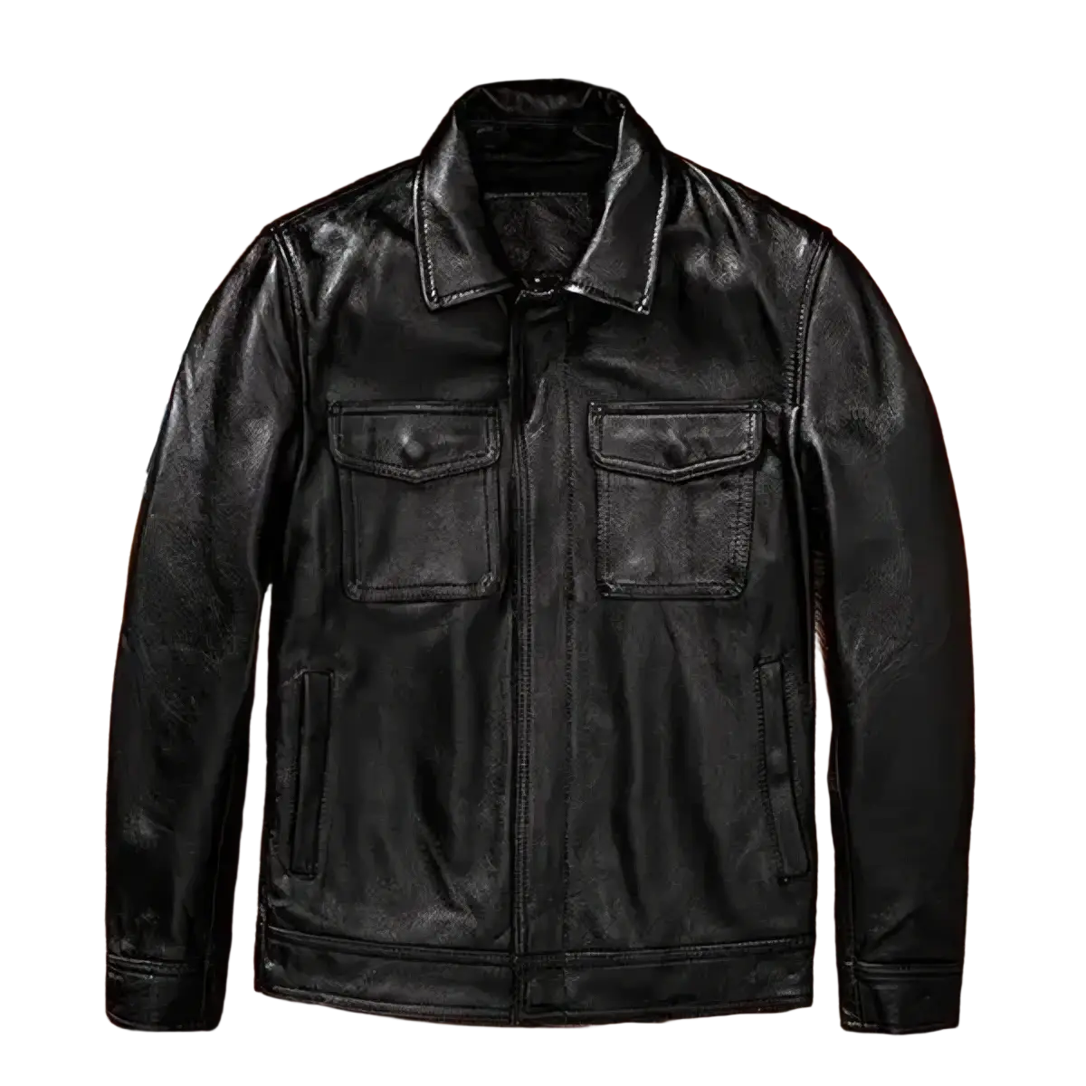 Mens leather motorcycle jacket in black with two chest pockets and a front zipper closure made of genuine leather