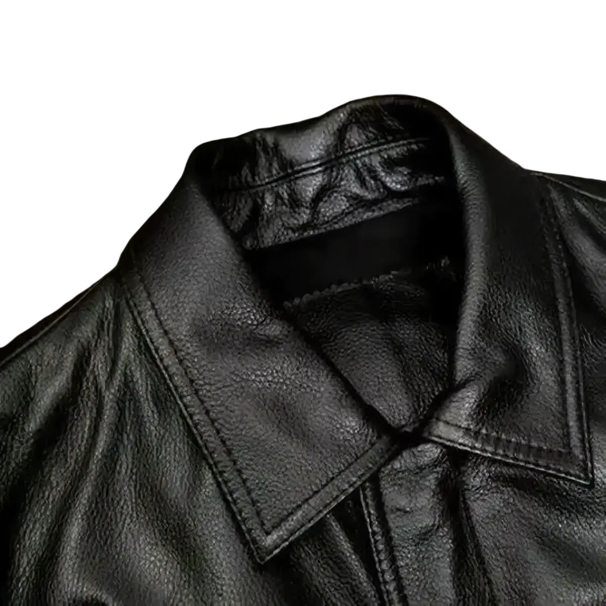Mens leather motorcycle jacket in black with classic collar and visible stitching made of genuine leather