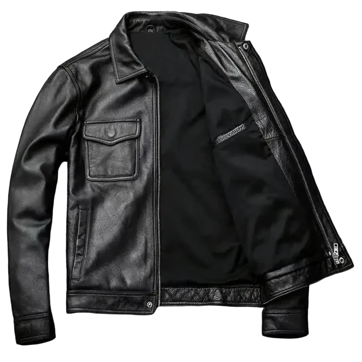 Mens leather motorcycle jacket in black with classic design, front zipper closure, and chest pocket