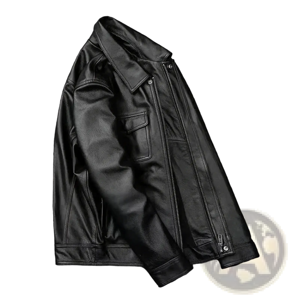Mens leather motorcycle jacket in black with classic design and front zipper closure made of genuine leather