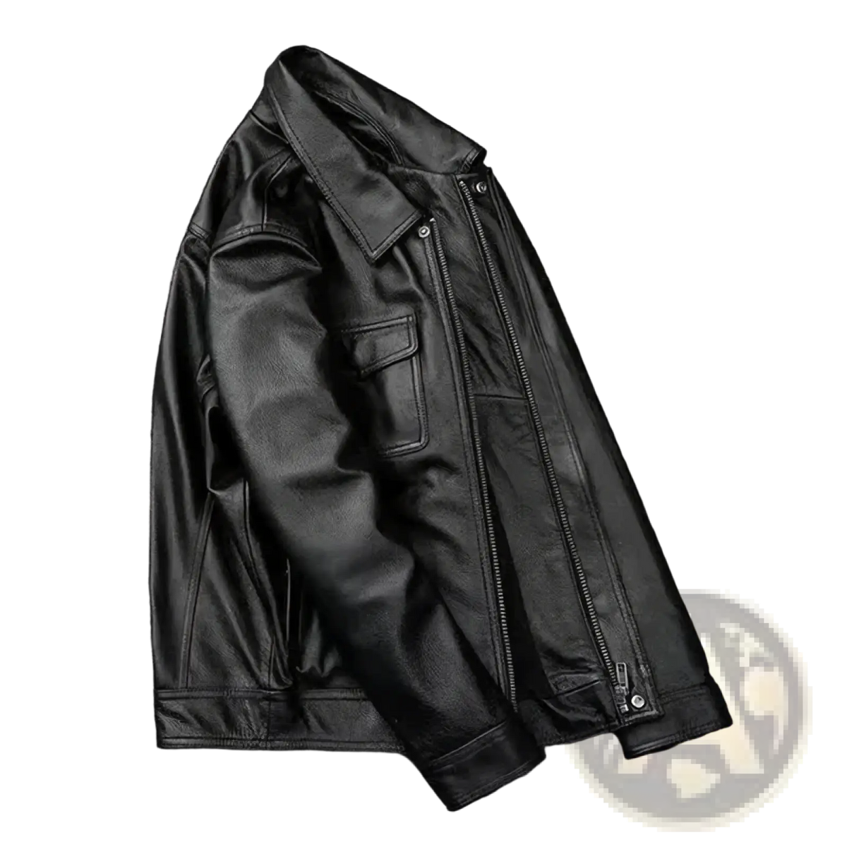 Mens leather motorcycle jacket in black with classic design and front zipper closure made of genuine leather