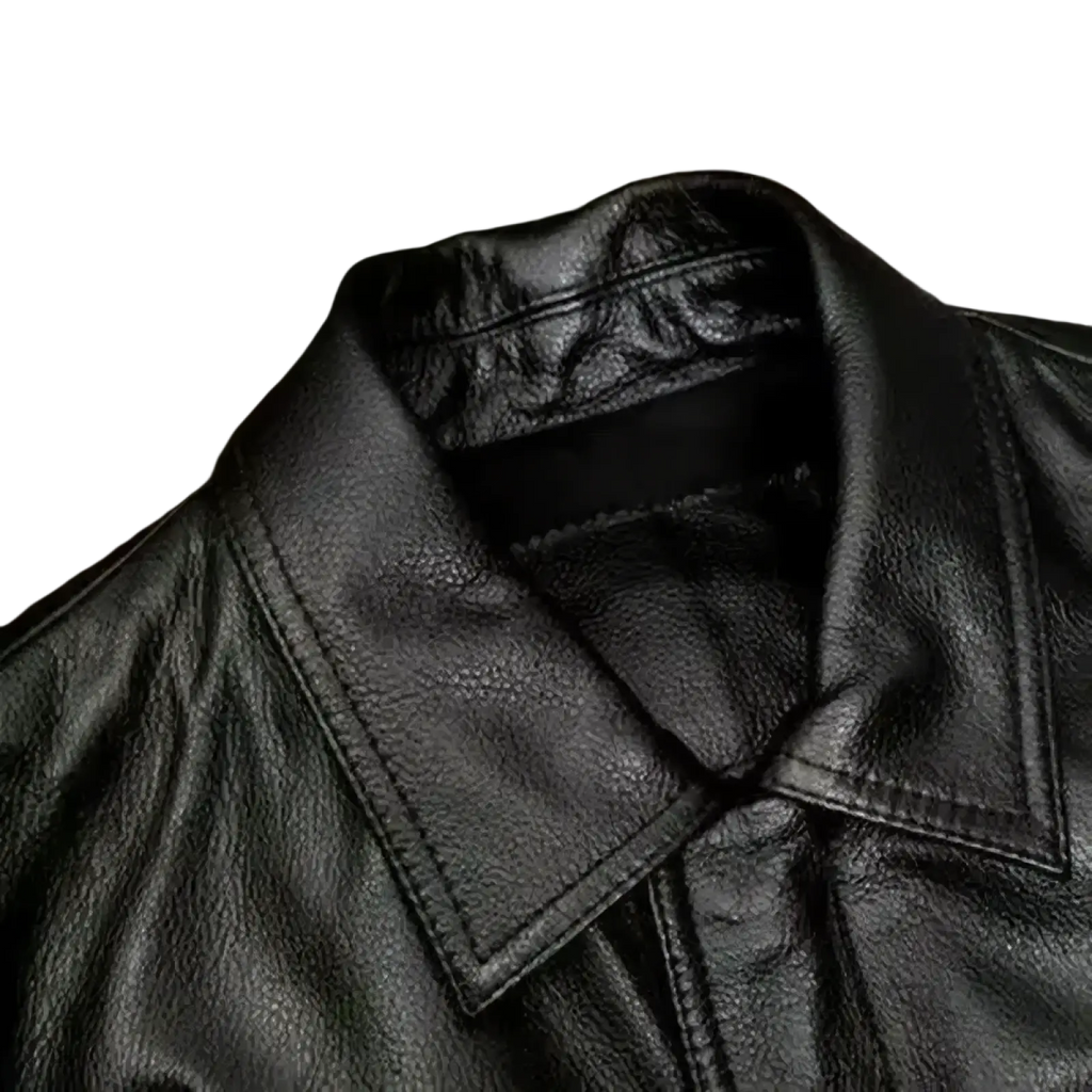 Mens leather motorcycle jacket in black with classic collar and visible stitching made of genuine leather
