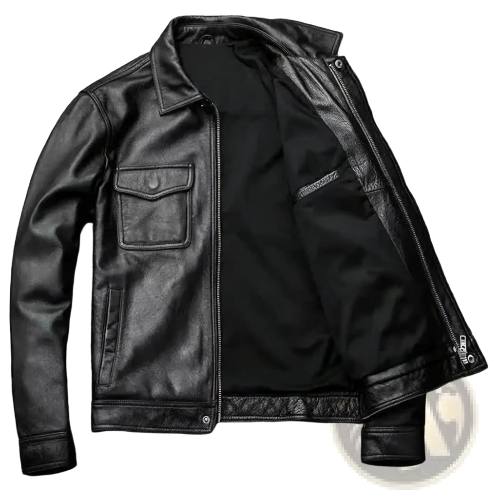Mens leather motorcycle jacket in black with classic design, front zipper closure, and chest pocket