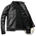 Mens leather motorcycle jacket in black leather with a classic design featuring front zipper and chest pocket