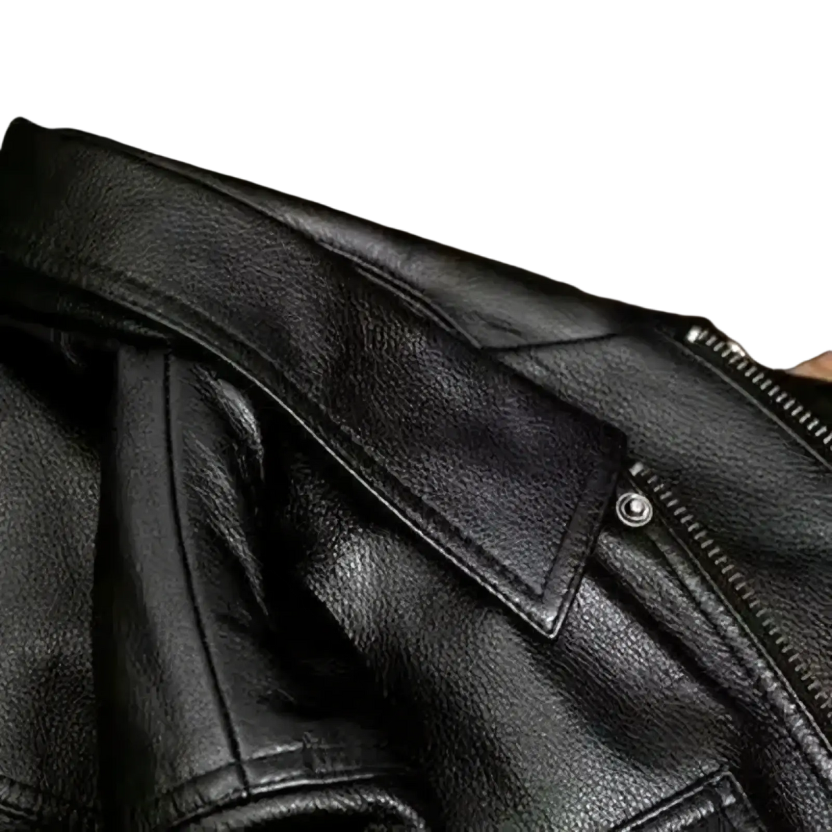Mens leather motorcycle jacket in black with textured surface and silver zipper detail on front side